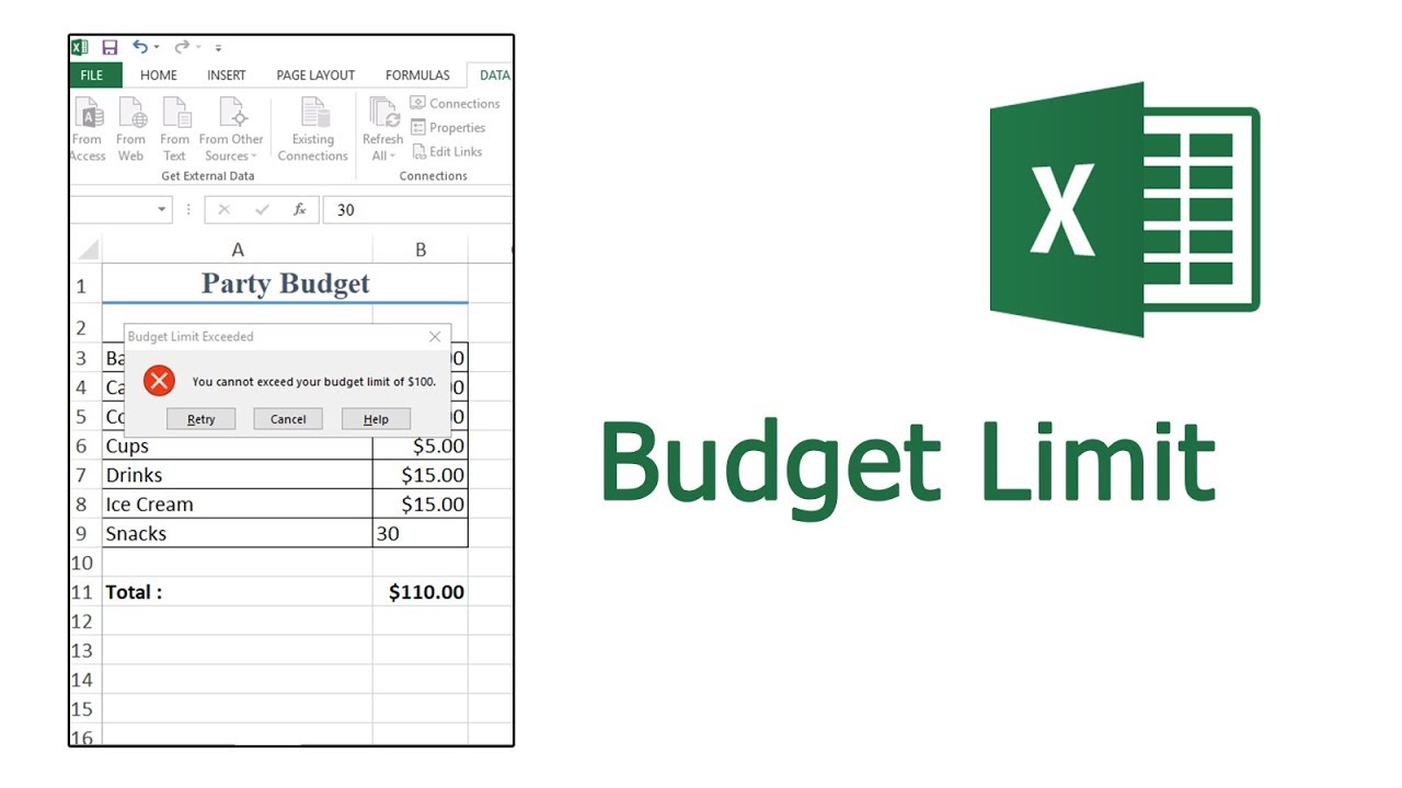 How to use create a Budget limit with data validation in Excel