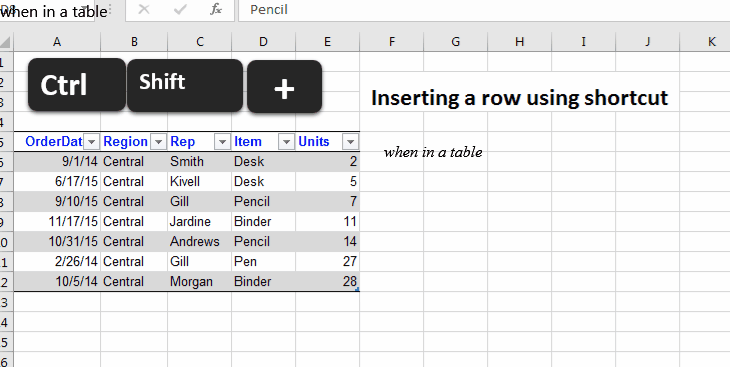 excel keyboard shortcut to insert row