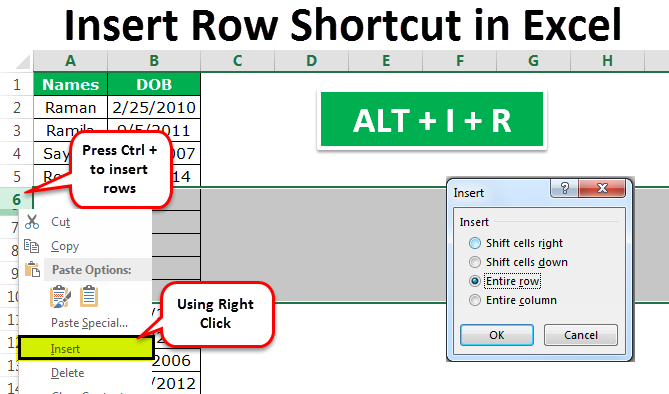 excel shortcut keys insert row