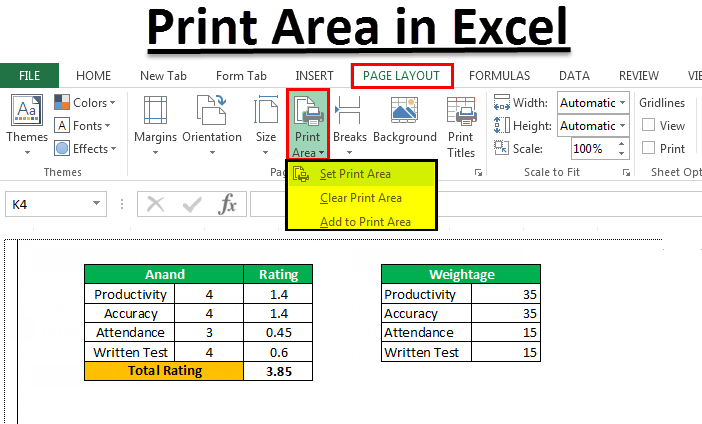 office 365 excel print selection