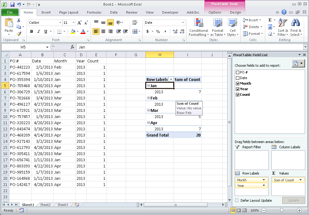 How to count occurrences of each year in Excel?