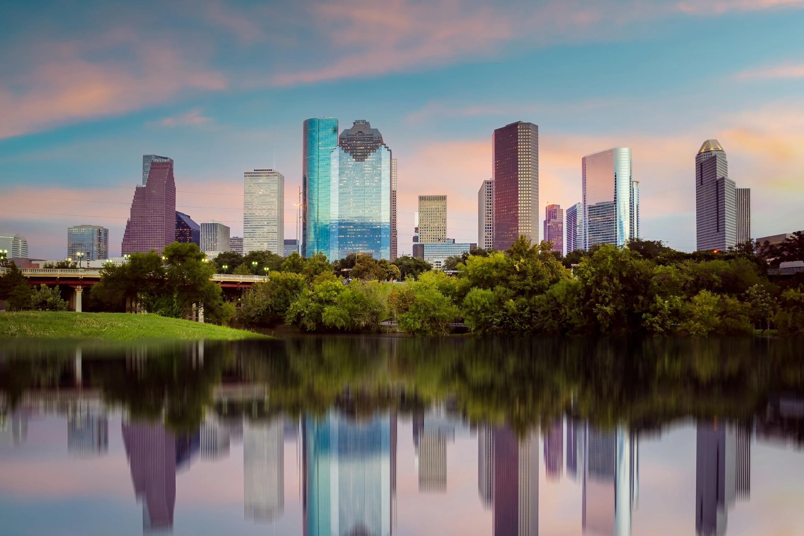 Aerial view of the Houston skyline at dusk