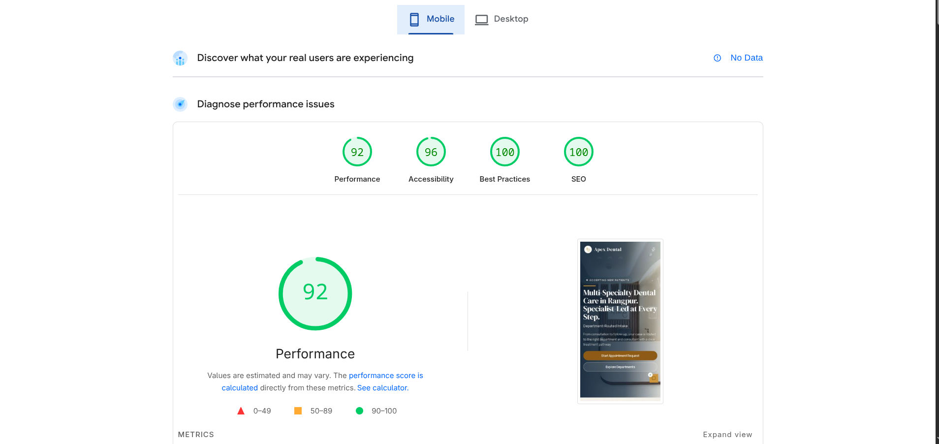 Apex Dental mobile Lighthouse report