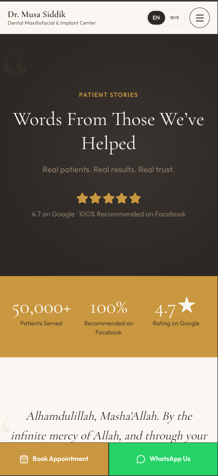 Dr. Musa Dental mobile testimonials section