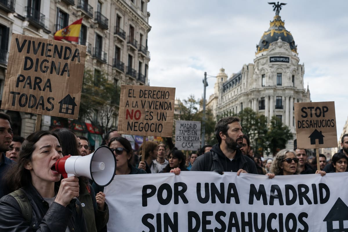 Fachada de prédio residencial em Madri com placas de aluguel, ilustrando a crise imobiliária na Espanha