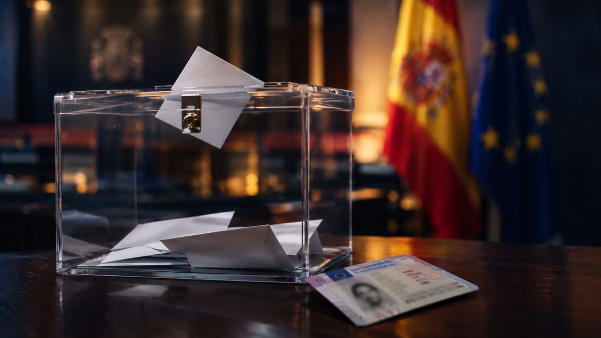 Urna e bandeira da Espanha com documento de residência ao fundo, ilustrando as eleições de 29 de novembro e o futuro do arraigo