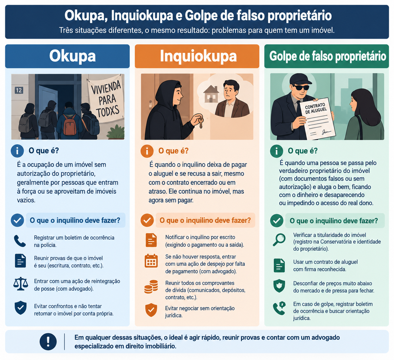 Infográfico explicativo sobre riscos e problemas no aluguel na Espanha, comparando os cenários de okupa, inquiokupa e golpe de falso proprietário, com orientações jurídicas para imigrantes