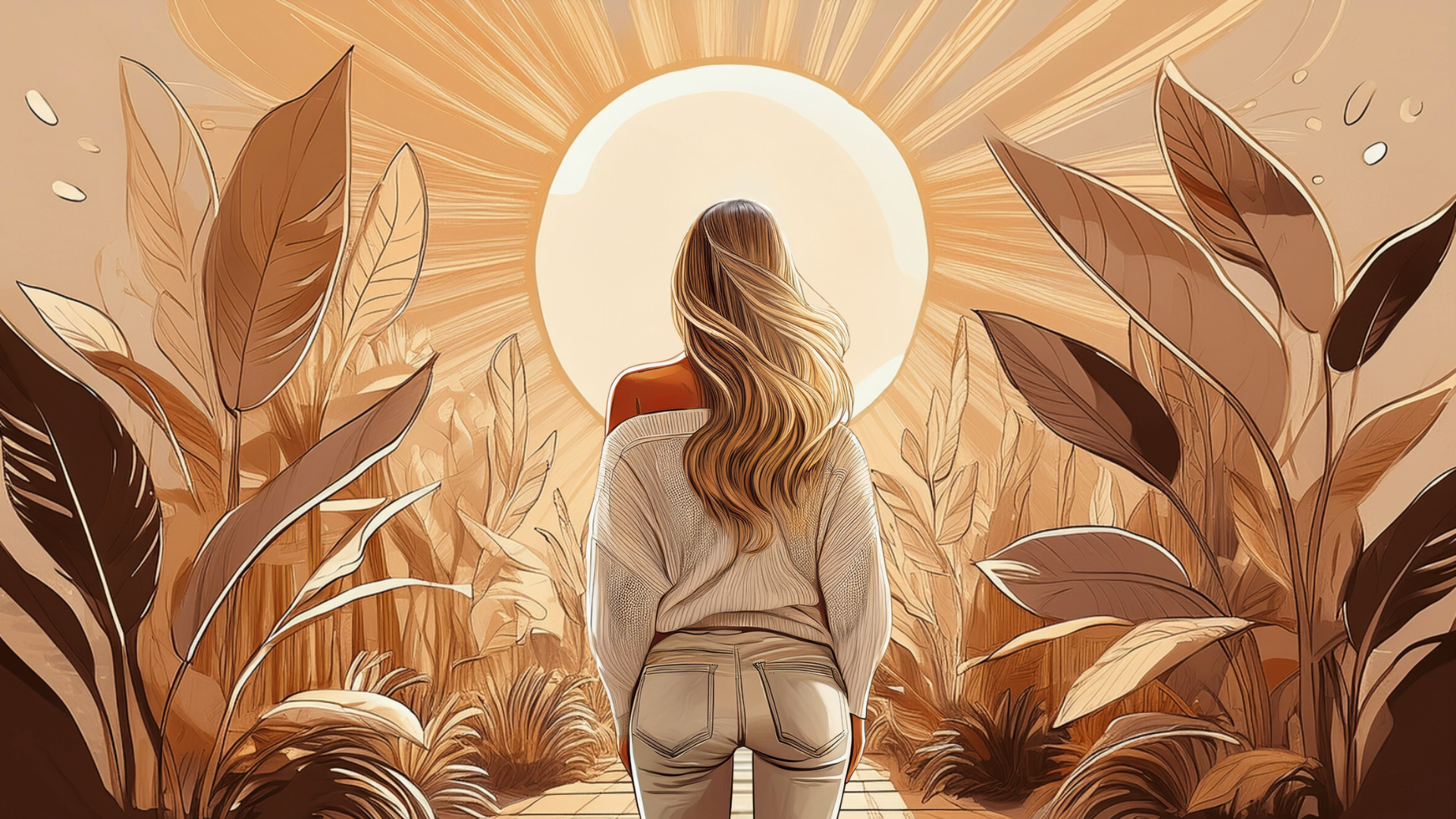 Woman facing the sun among leaves