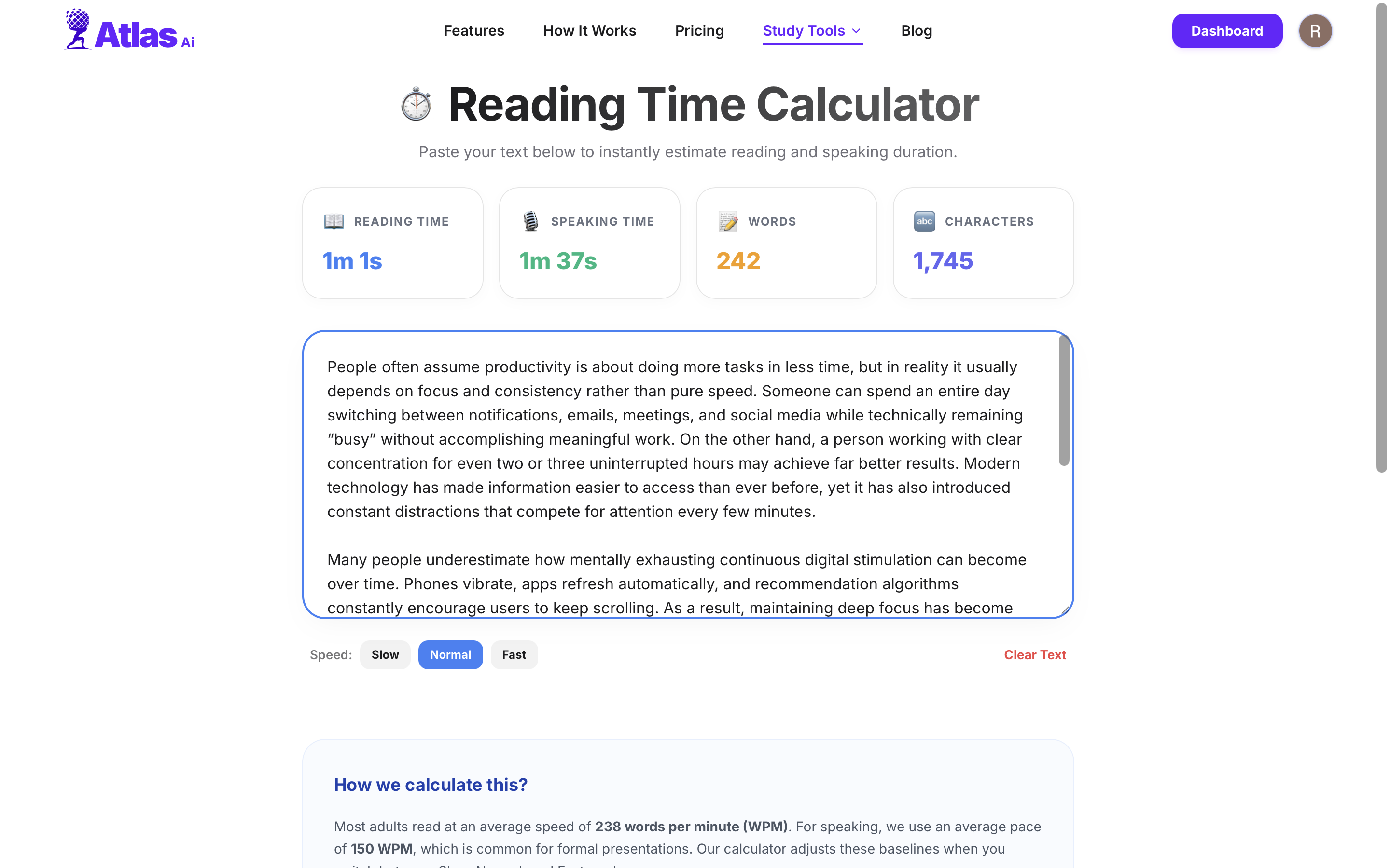 Reading Time Calculator — estimate read time for any text