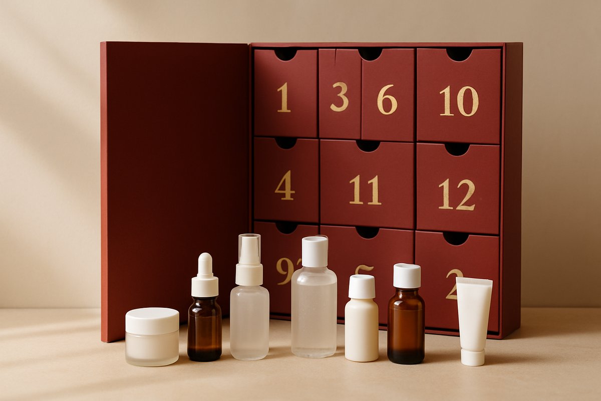 open beauty advent calendar with mini skincare bottles