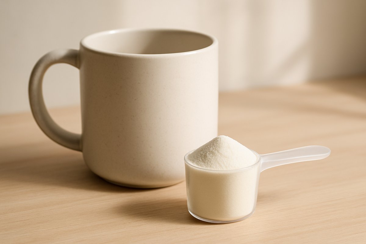 collagen powder scoop beside a mug
