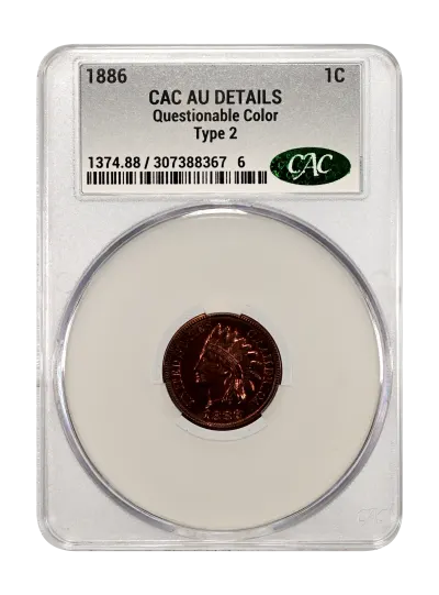 Indian Cents | 1886 Type 2 1c BN AU DETAILS (Questionable Color) CACG ...