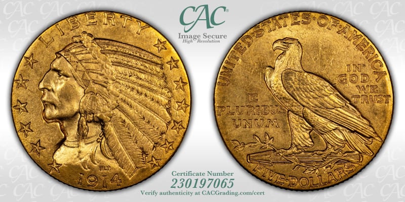 $5 Indian Gold | 1914 $5 MS62 CACG Certification 230197065 | CAC Grading