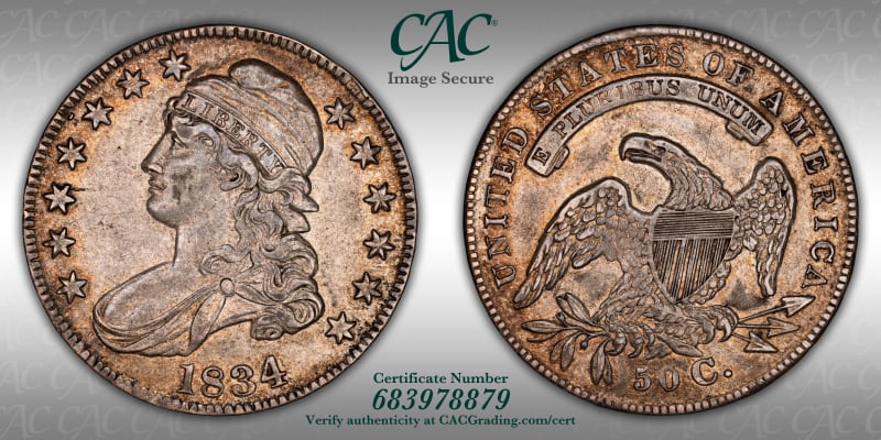 Capped Bust Half Dollars | 1834 Large Date, Small Letters 50c O-107 ...