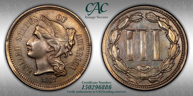 3-Cent Nickels | 1867 3cN AU DETAILS (Damage, Rim) CACG Certification ...