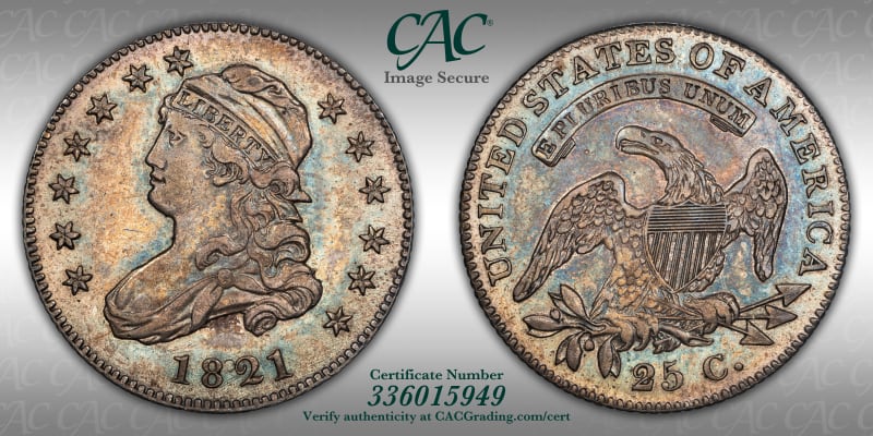 Capped Bust Quarters | 1821 B-1 25c AU58 CACG Certification 336015949 ...