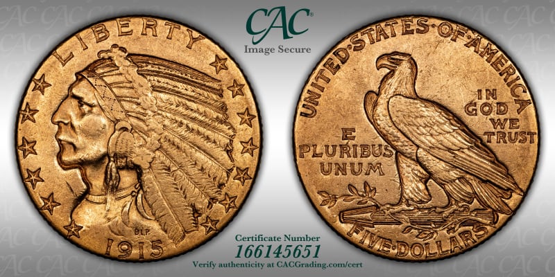 $5 Indian Gold | 1915-S $5 AU DETAILS (Cleaned) CACG Certification ...
