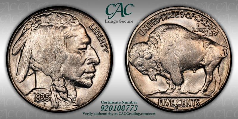 Buffalo Nickels | 1935-S 5c MS64 CACG Certification 920108773 | CAC Grading