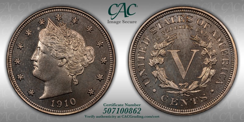 V-Nickels, Proof | 1910 5c (Proof) PR67 CACG Certification 507100862 ...
