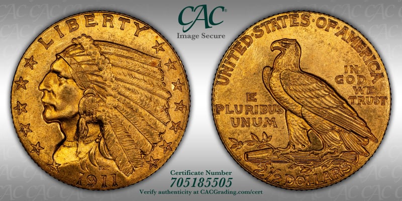 $2.50 Indian Gold | 1911-D Strong D $2.50 MS65 CACG Certification ...
