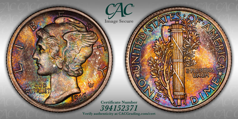 Mercury Dimes | 1916 Mercury 10c FB MS67+FB CACG Certification ...