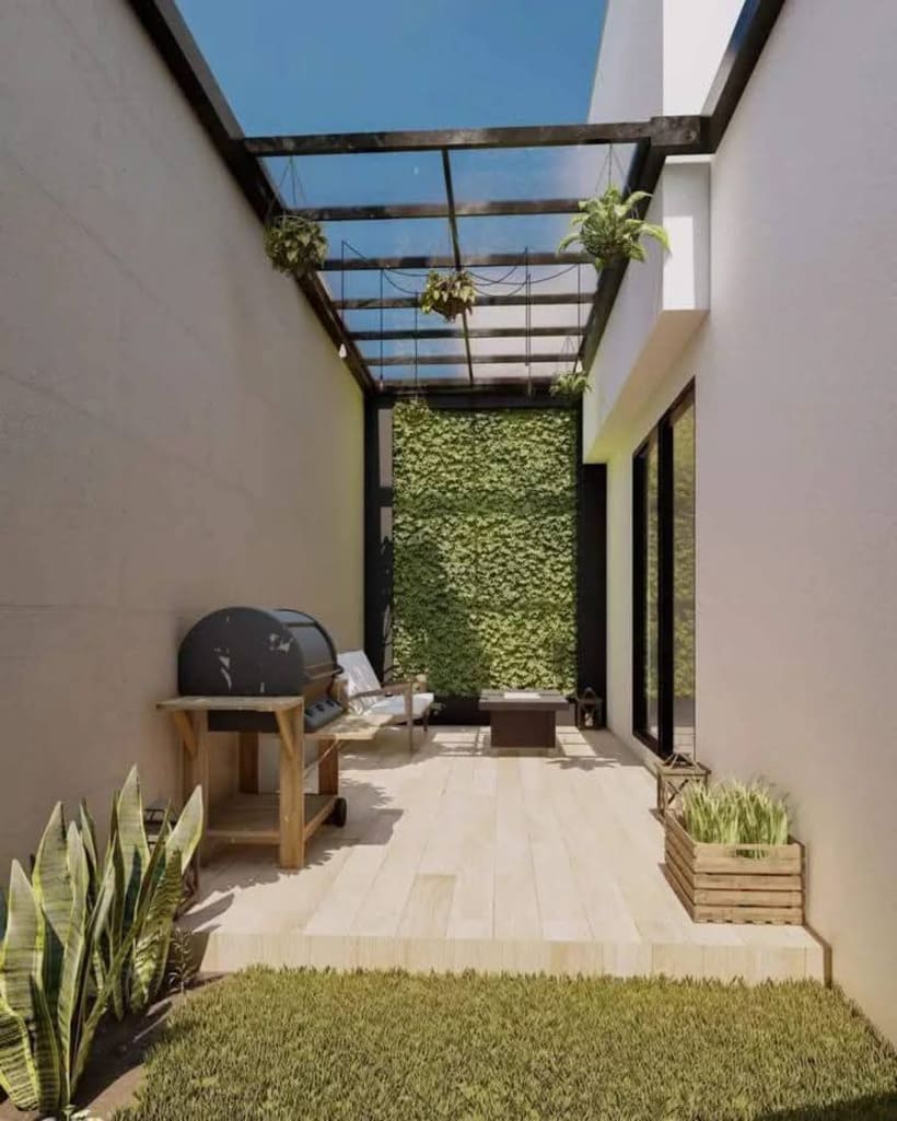 Terraza moderna con parrilla y pared verde