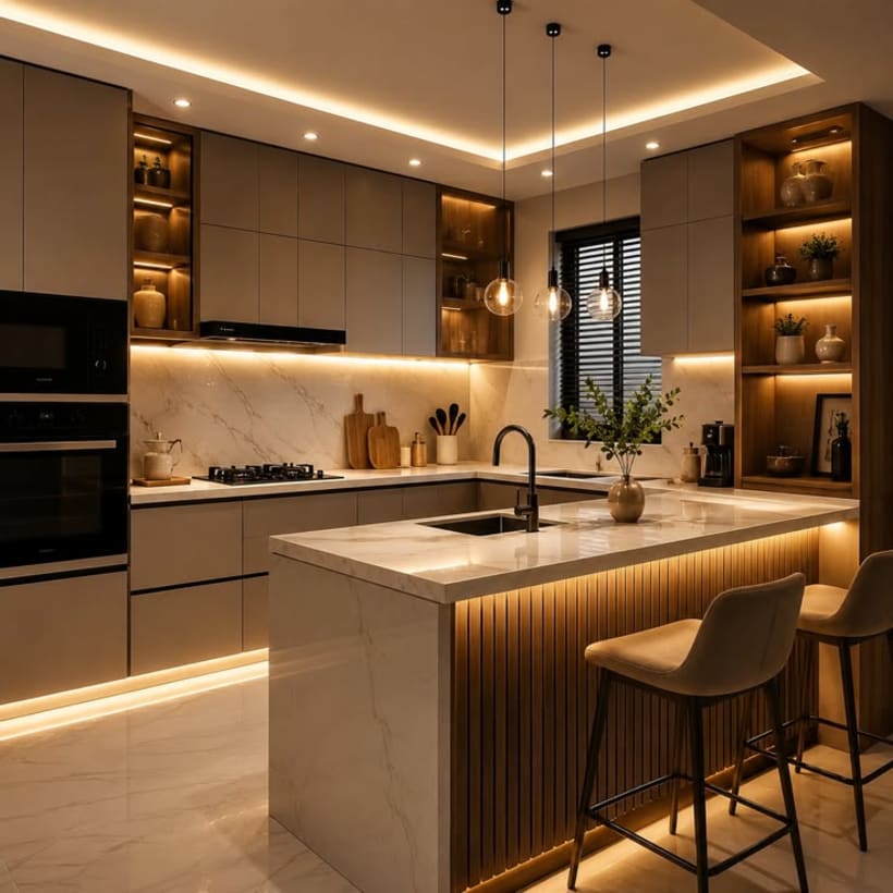 Cocina moderna con iluminación cálida y detalles en madera