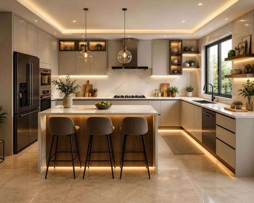 Cocina contemporánea con detalles en madera y plantas