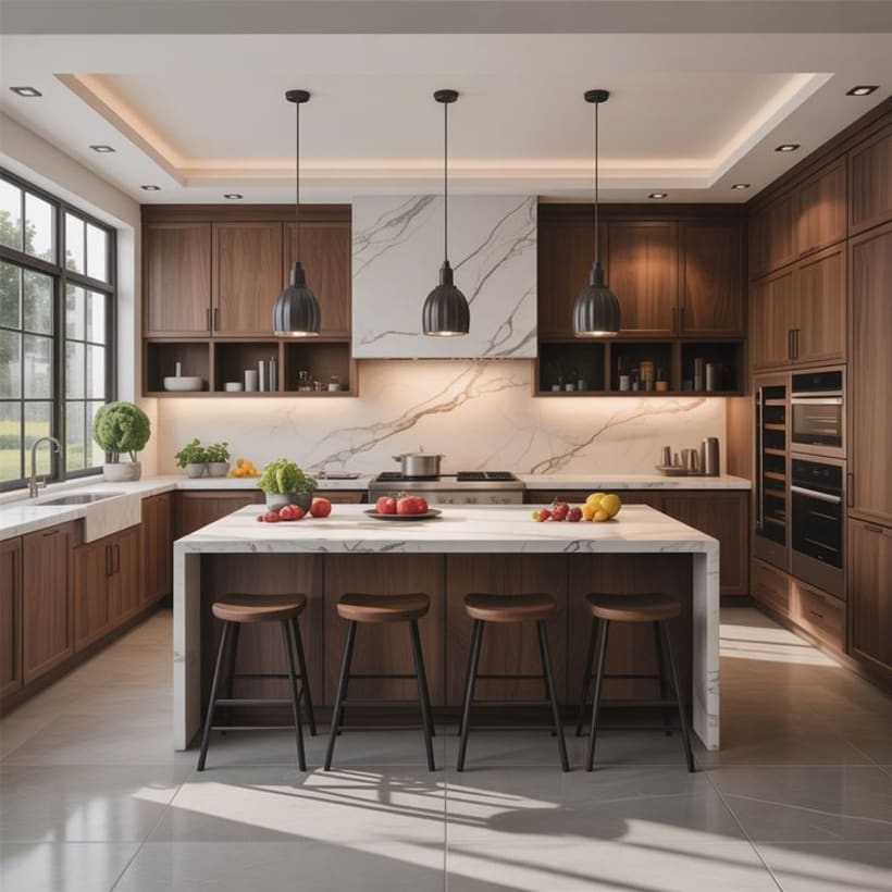 Cocina con muebles de madera oscura y mármol