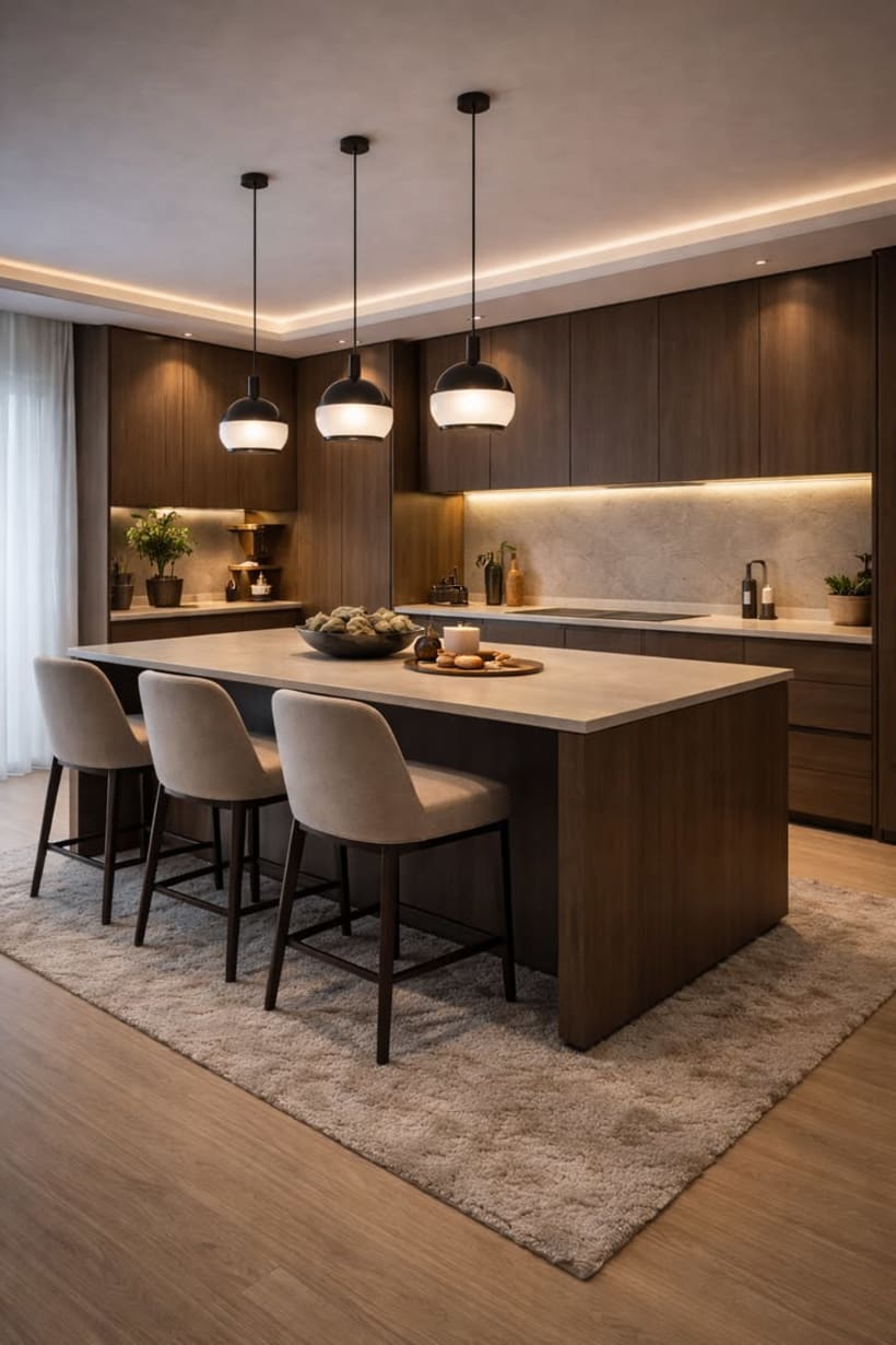 Cocina acogedora con iluminación suave y decoración minimalista