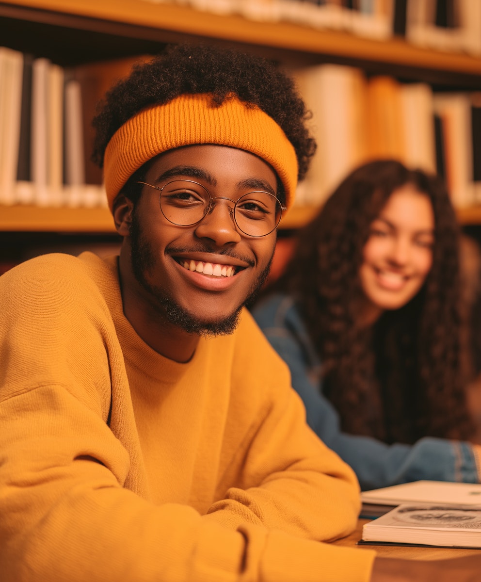 Young woman holding books in library