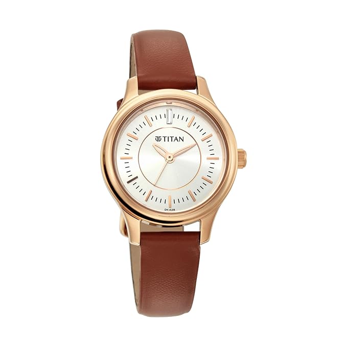 Titan Quartz Analog Silver Dial Brown Leather Strap Watch for Women