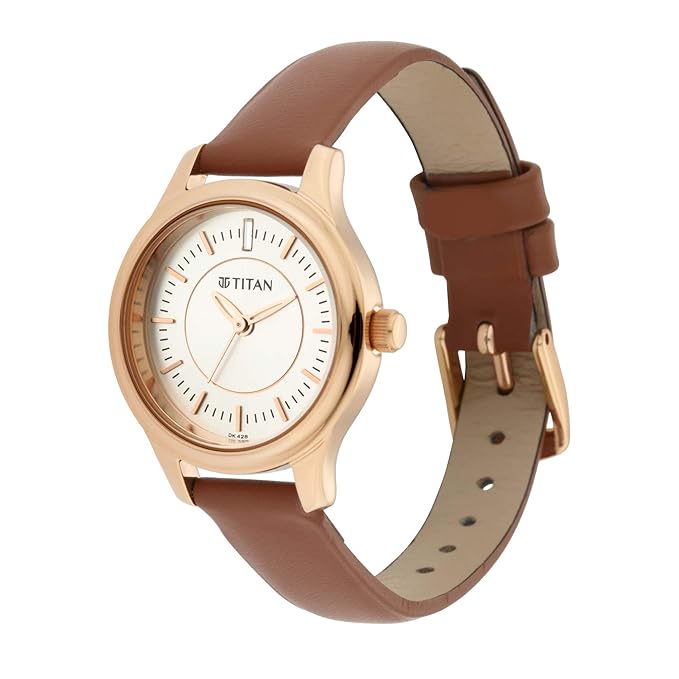 Titan Quartz Analog Silver Dial Brown Leather Strap Watch for Women