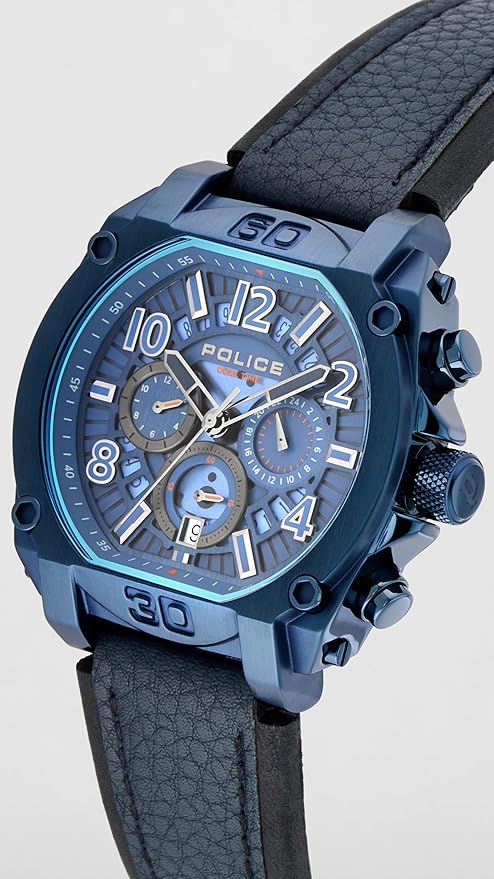 Police Quartz Multifunction with Date Blue Dial Two Toned Blue & Black Leather Strap