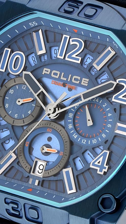 Police Quartz Multifunction with Date Blue Dial Two Toned Blue & Black Leather Strap