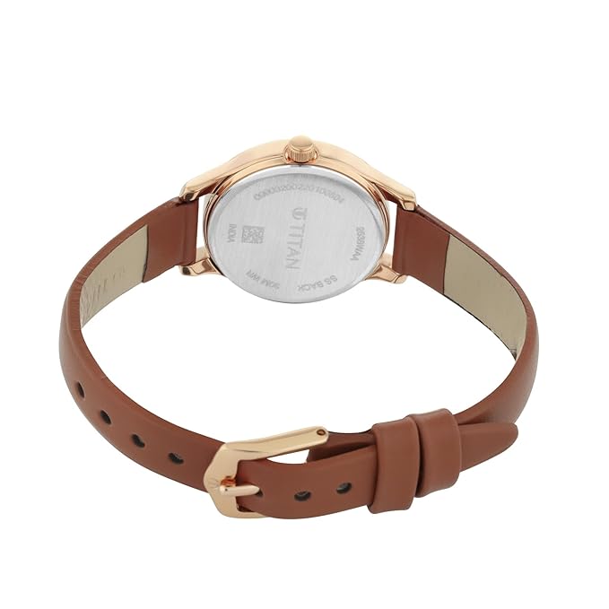 Titan Quartz Analog Silver Dial Brown Leather Strap Watch for Women