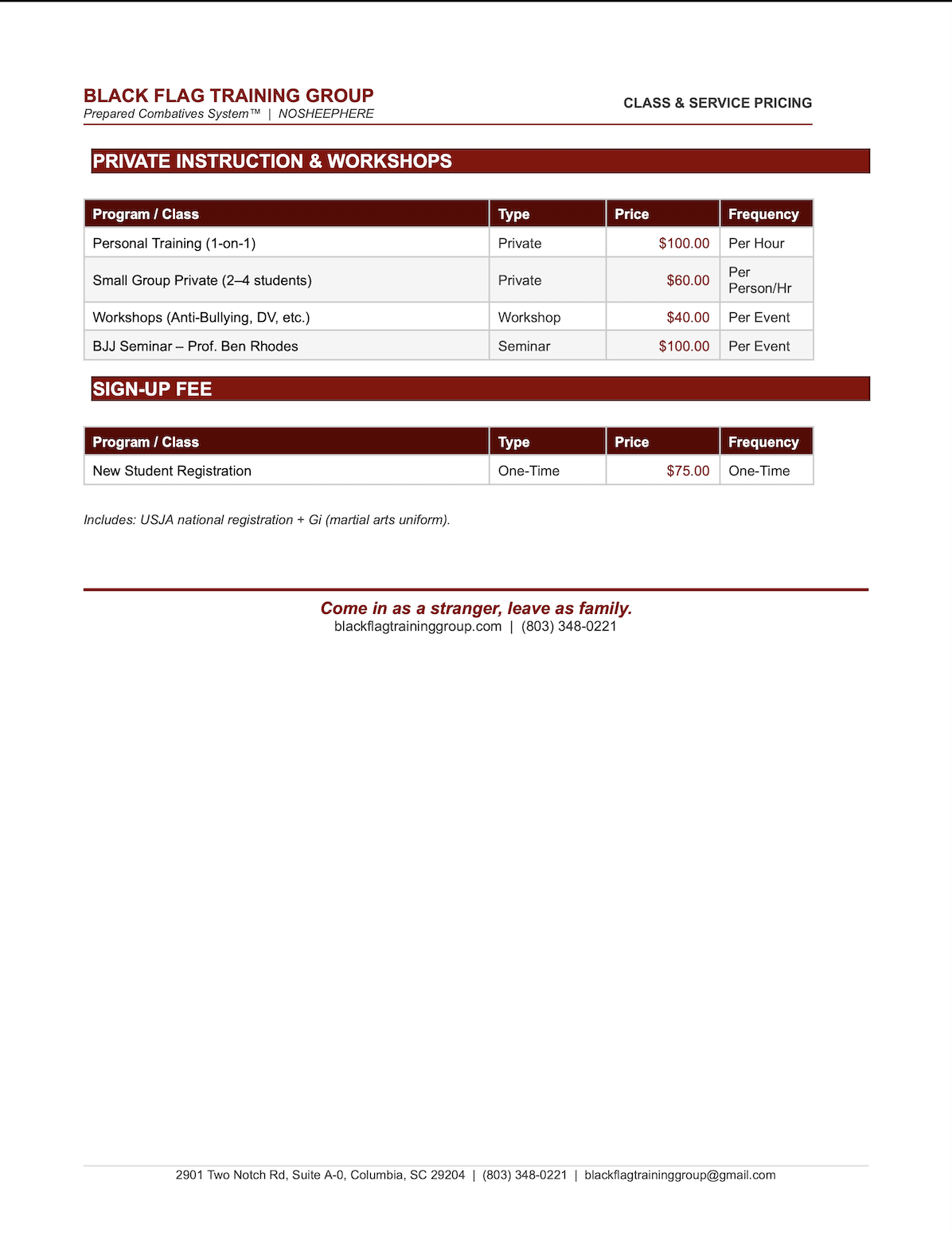 Martial Arts Pricing near Columbia