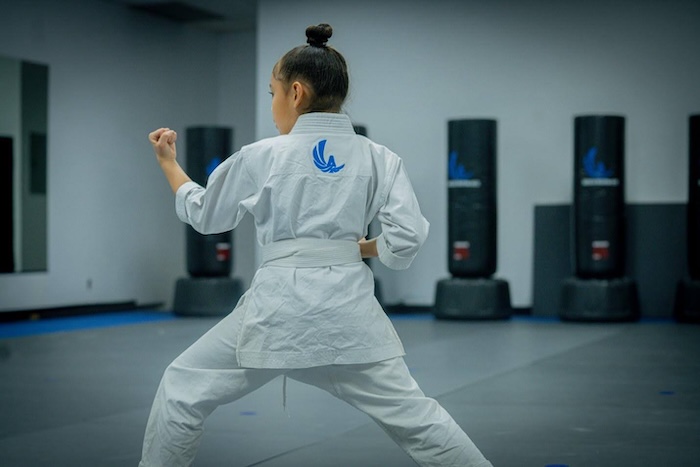girl in a karate uniform with a white belt