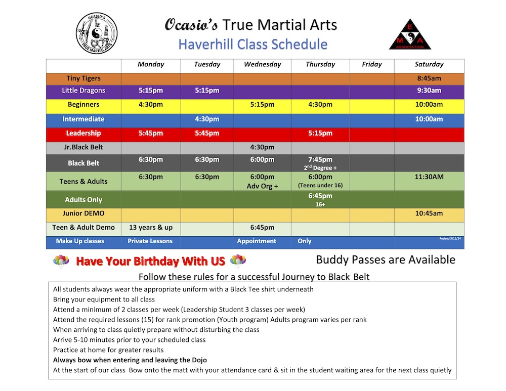 haverhill martial arts class schedule