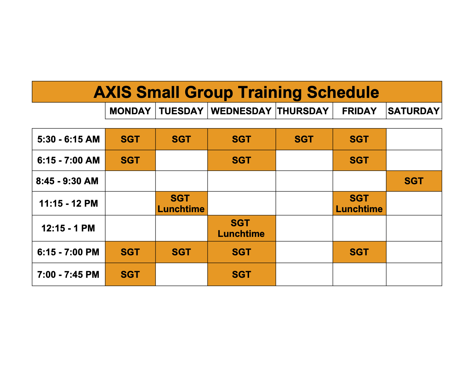 Small Group Timetable