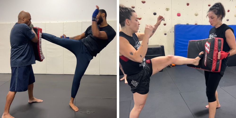 a man & a woman kicking muay thai mitts at POW! Gym Chicago