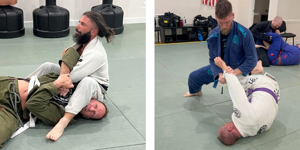 two men wearing gis practicing BJJ 