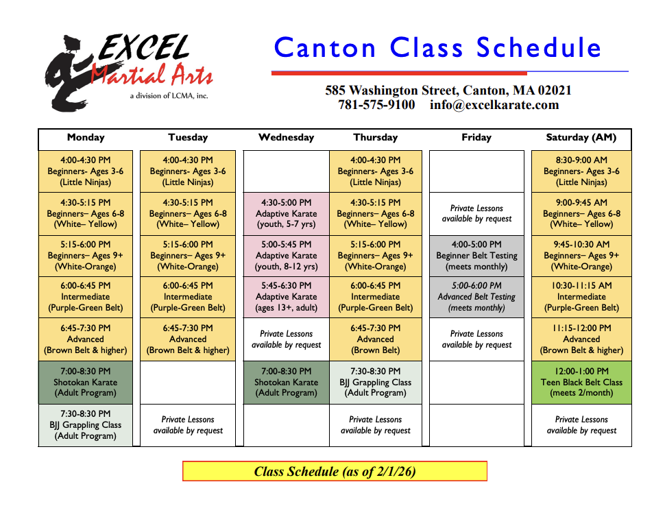 Excel Karate Canton Schedule