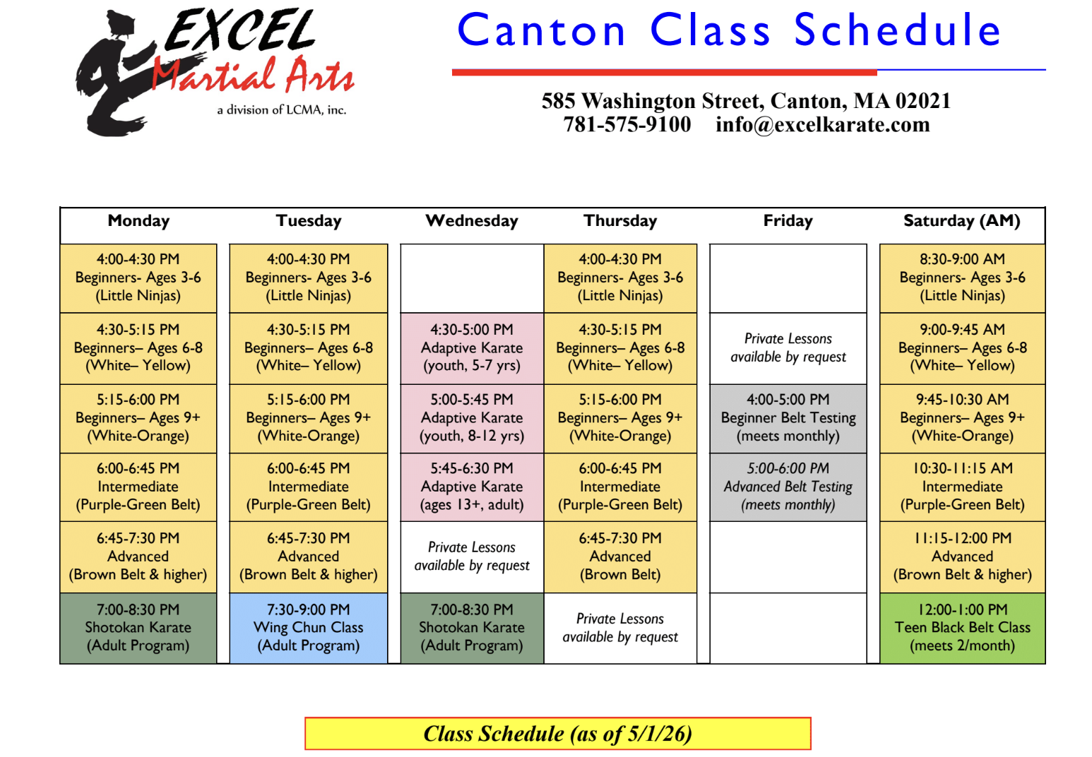 Excel Karate Canton Schedule