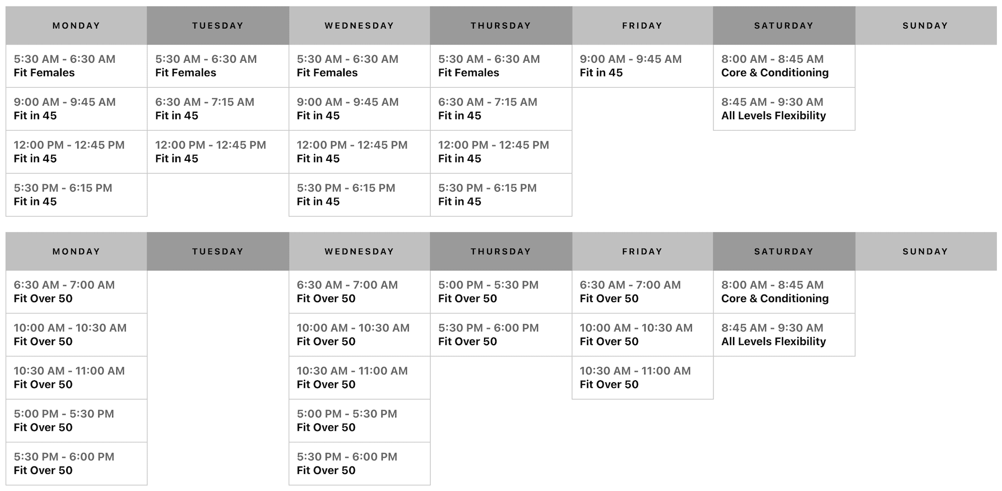 Class Schedule Class schedule