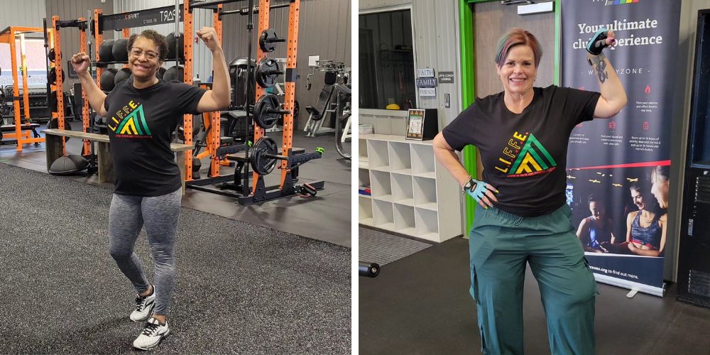 two women in LIFFE gym smiling and flexing