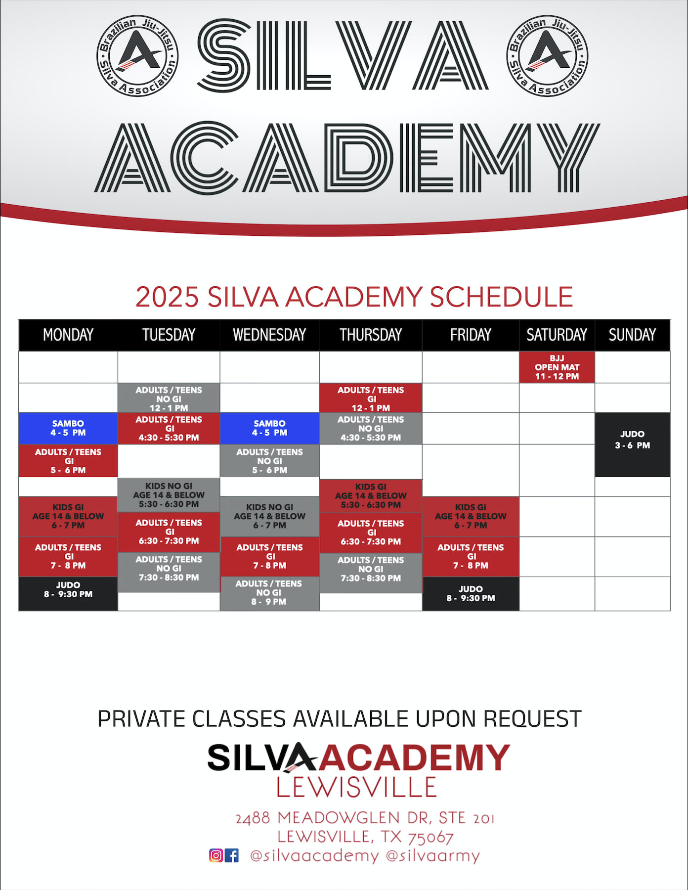 Silva Academy Brazilian Jiu-Jitsu Schedule