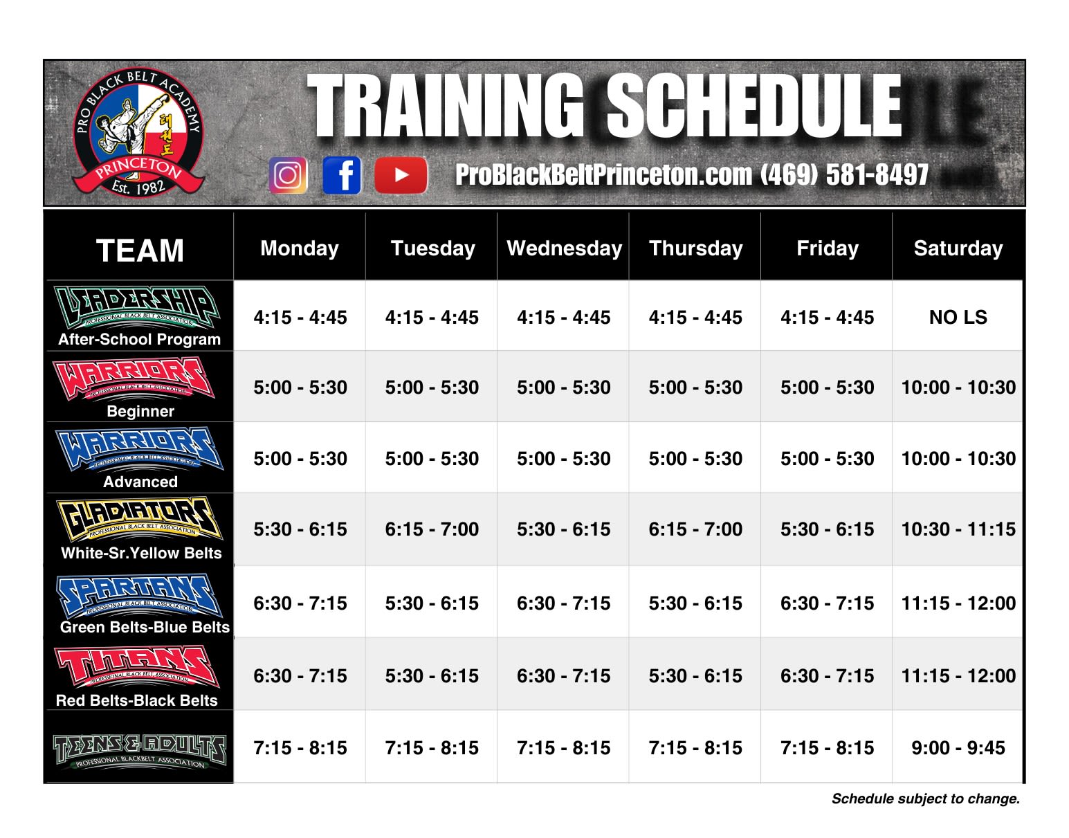 Professional Black Belt Academy Schedule