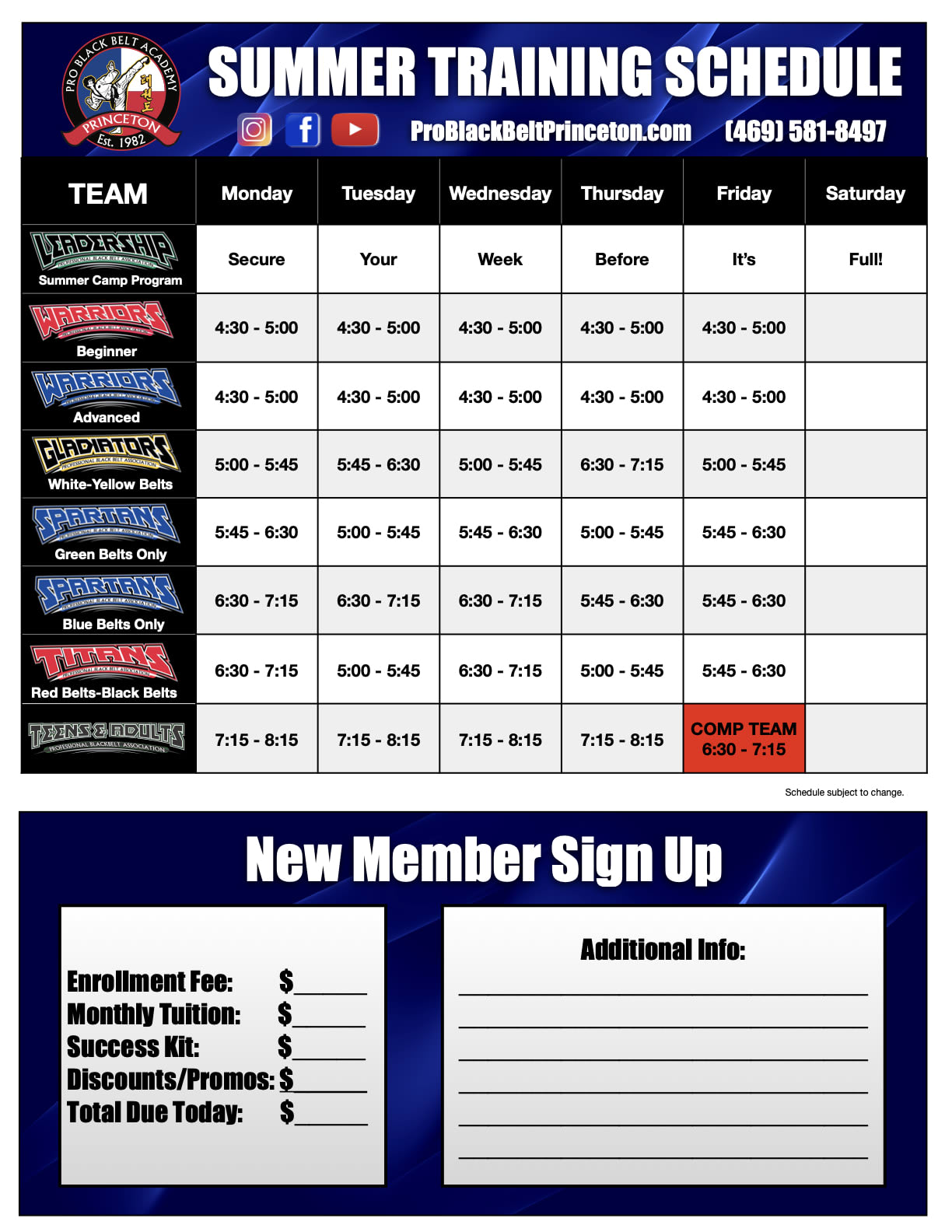 Professional Black Belt Academy Schedule