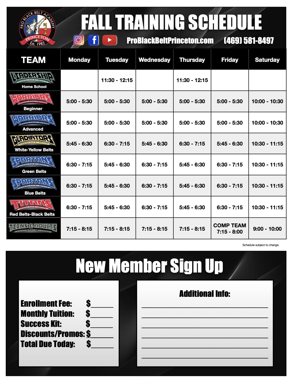 Professional Black Belt Academy Schedule